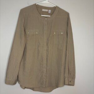 CHICO'S Size 1 Roll Tab Sleeve Blouse Silky Pockets Tan Casual Workwear